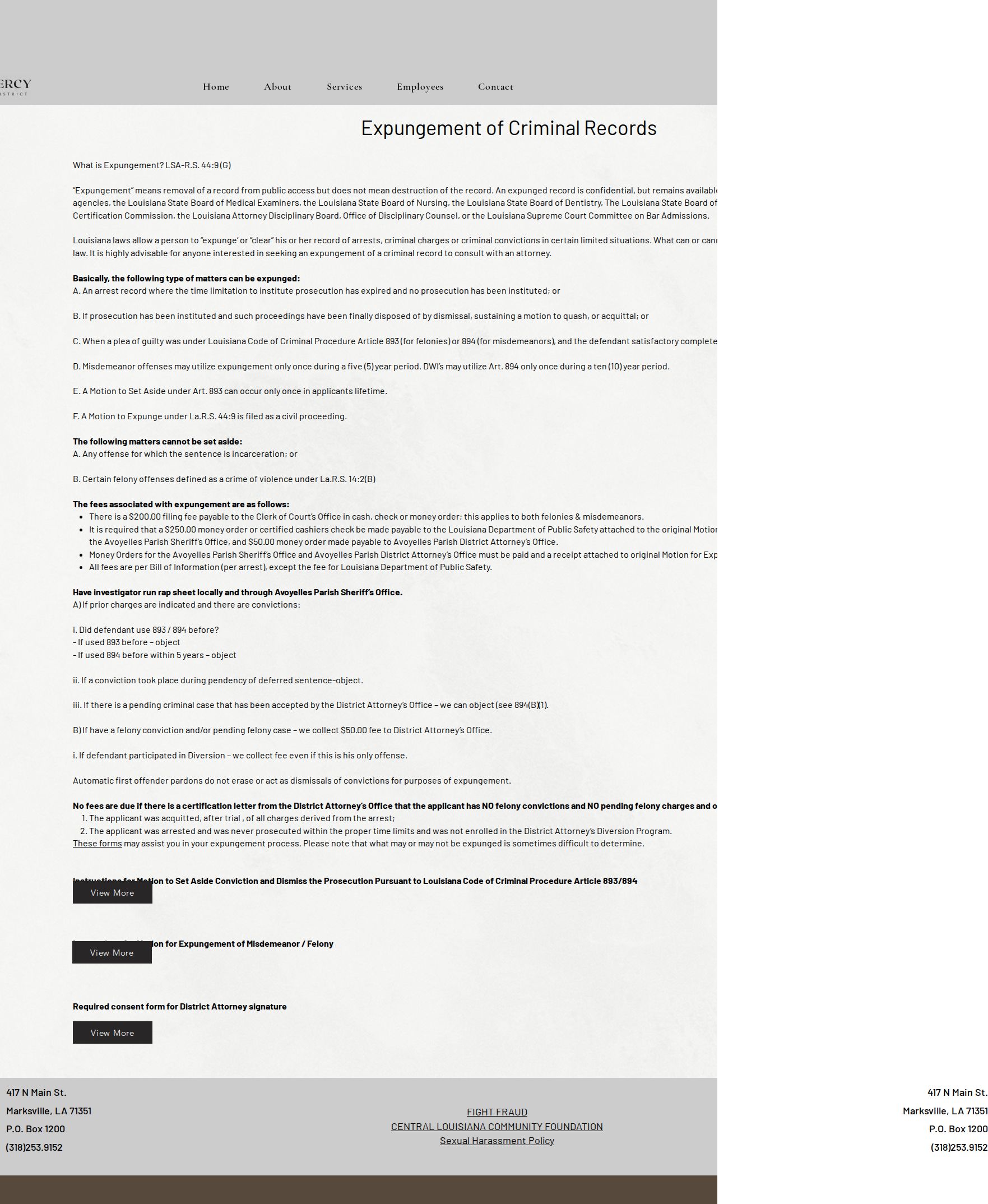 Avoyelles Parish released inmate expungement procedure and fee page