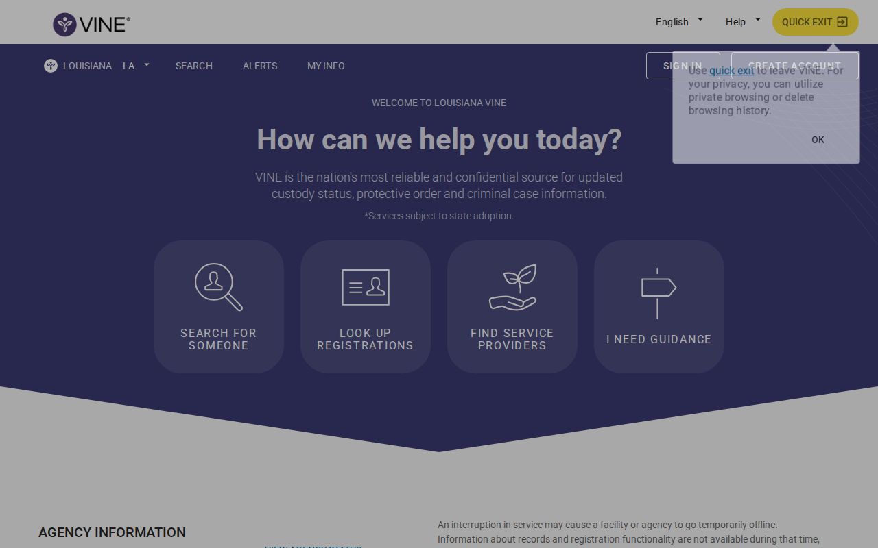 Avoyelles Parish VINELink release check search screen with name and ID controls